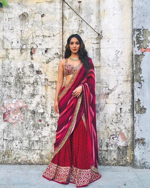 Bralette with gharara disguised as saree donned by Kiara